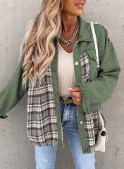Green Spliced Plaid Button Pocket Shacket