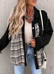 Black Spliced Plaid Button Pocket Shacket