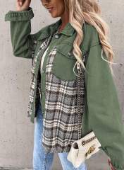 Green Spliced Plaid Button Pocket Shacket