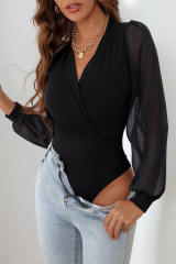 Black Solid Color V Neck Wrap Mesh Sleeves Bodysuit