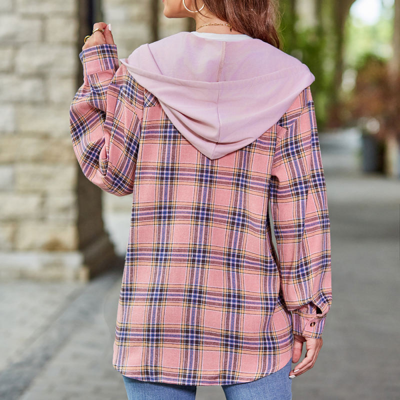 Pink Plaid Print Hooded Button Shirt Jacket