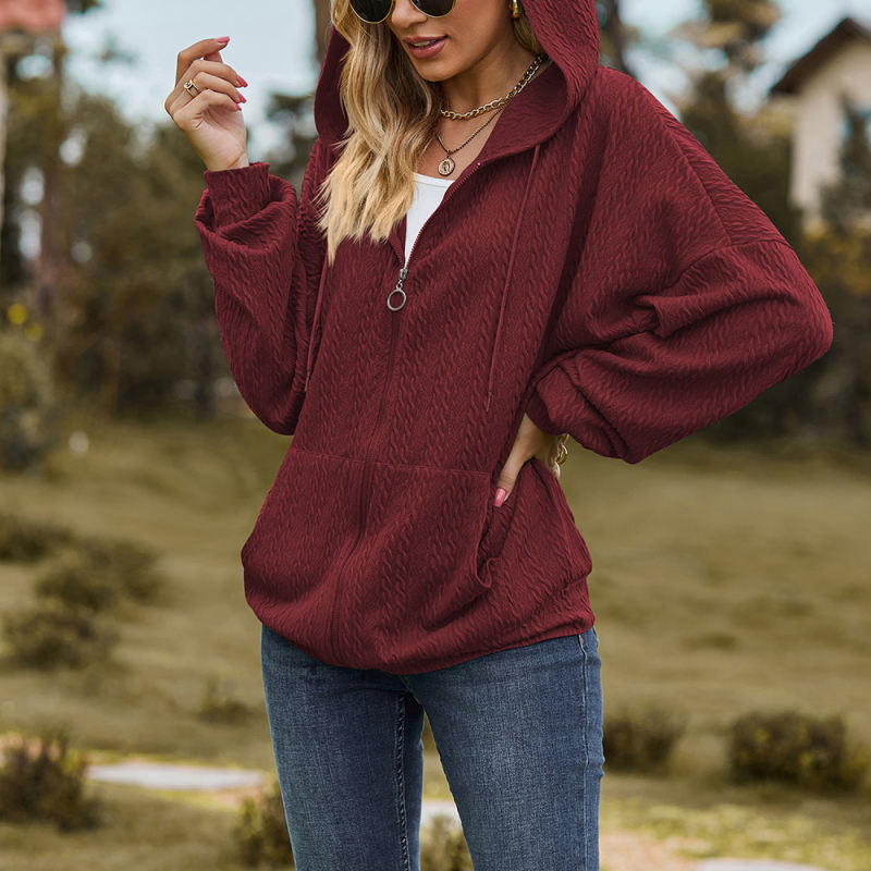 Wine Red Knit Jacquard Pocketed Full Zip Hoodie