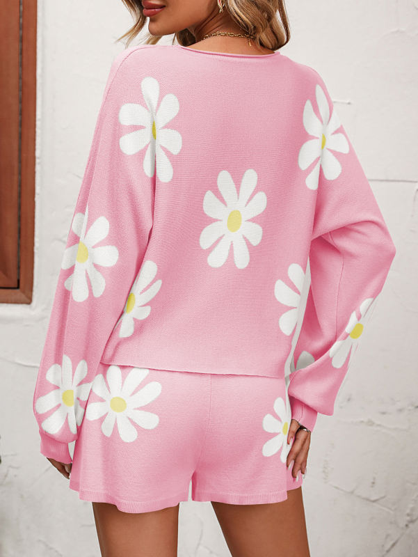 Pink Daisy Pattern Sweater and Shorts Lounge Set