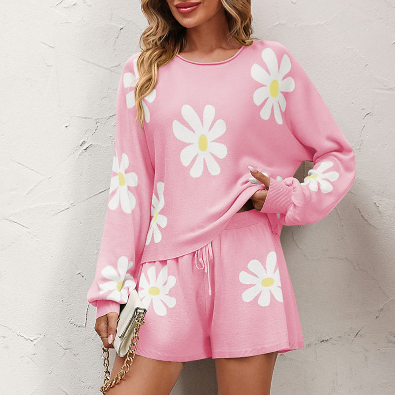 Pink Daisy Pattern Sweater and Shorts Lounge Set