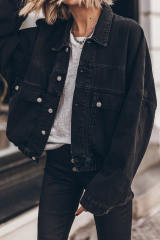 Black Metal Buttons Flap Pocket Drop Shoulder Denim Jacket