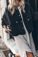 Black Metal Buttons Flap Pocket Drop Shoulder Denim Jacket