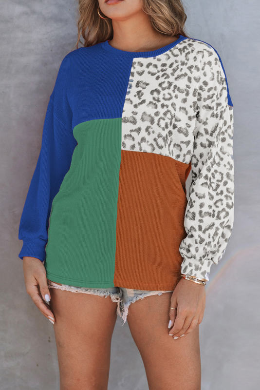 Blue Leopard Patchwork Color Block Ribbed Long Sleeve Top