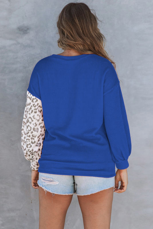 Blue Leopard Patchwork Color Block Ribbed Long Sleeve Top