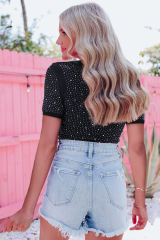Black Rhinestone Allover Round Neck Short Sleeve Bodysuit LC6421365-2