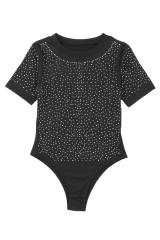 Black Rhinestone Allover Round Neck Short Sleeve Bodysuit LC6421365-2
