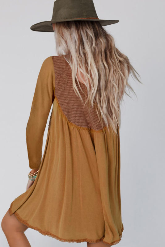 Orange Textured Accent Patchwork Long Sleeve Flare Dress