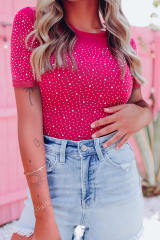 Rose Rhinestone Allover Round Neck Short Sleeve Bodysuit LC6421365-6