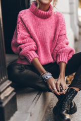 Rose Chunky Knit Turtle Neck Drop Shoulder Sweater
