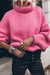 Rose Chunky Knit Turtle Neck Drop Shoulder Sweater