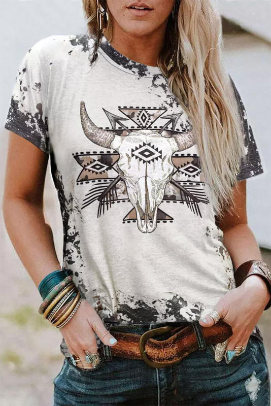 Gray Aztec Bull Skull Graphic Bleached Tie Dye T-shirt