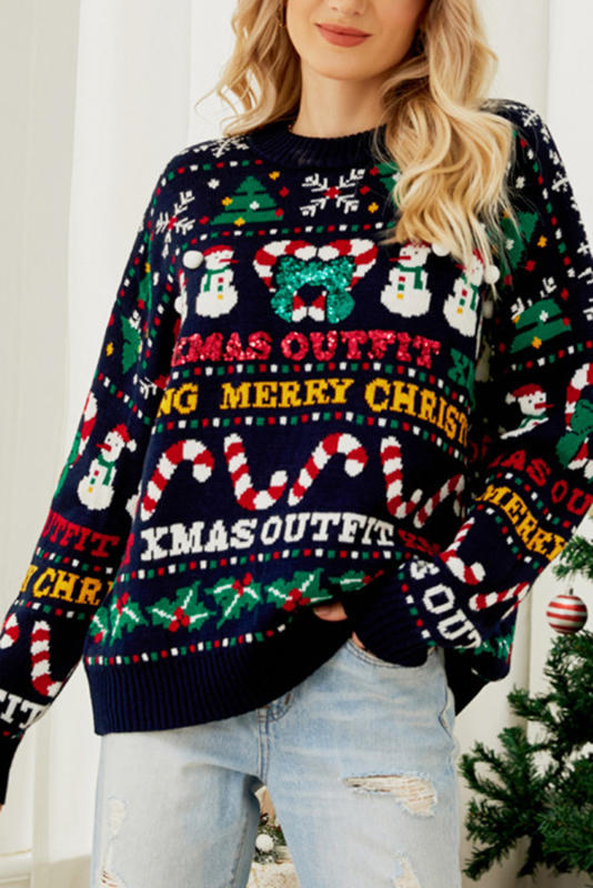 Navy Blue Cheerful Christmas Pattern Drop Shoulder Sweater