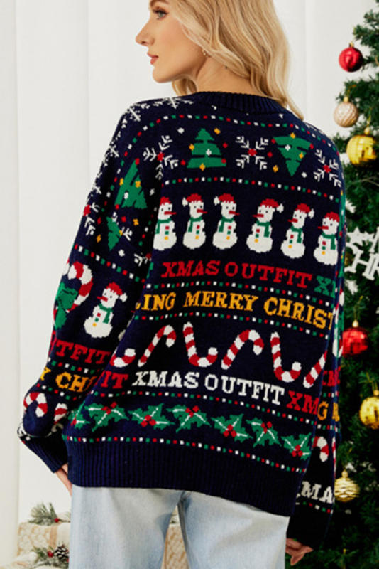 Navy Blue Cheerful Christmas Pattern Drop Shoulder Sweater