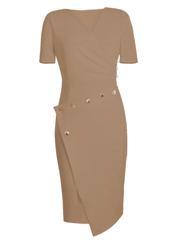 Asymmetric Button Detail Khaki Short Sleeve Midi Dress