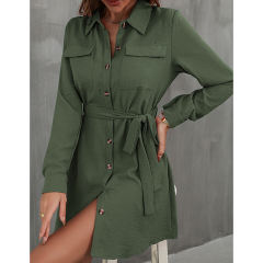 Green Button Down Tie Waist Pocket Shirt Dress