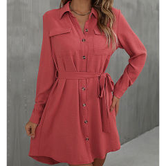 Red Button Down Tie Waist Pocket Shirt Dress