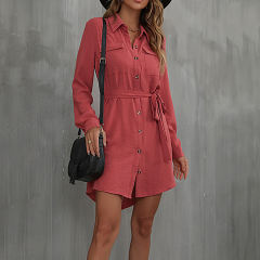 Red Button Down Tie Waist Pocket Shirt Dress
