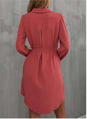 Red Button Down Tie Waist Pocket Shirt Dress