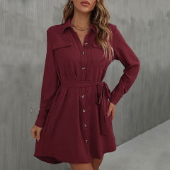 Wine Red Button Down Tie Waist Pocket Shirt Dress