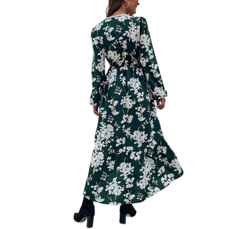 Dark Green Ruffle Hem Irregular Long Sleeve Floral Dress