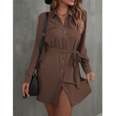 Coffee Button Down Tie Waist Pocket Shirt Dress