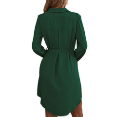 Dark Green Button Down Tie Waist Pocket Shirt Dress