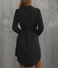 Black Button Down Tie Waist Pocket Shirt Dress