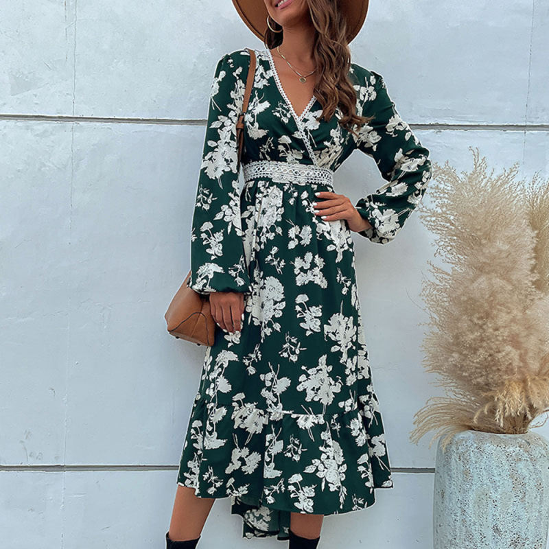 Dark Green Ruffle Hem Irregular Long Sleeve Floral Dress