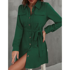 Dark Green Button Down Tie Waist Pocket Shirt Dress