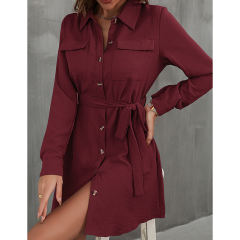 Wine Red Button Down Tie Waist Pocket Shirt Dress