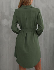 Green Button Down Tie Waist Pocket Shirt Dress