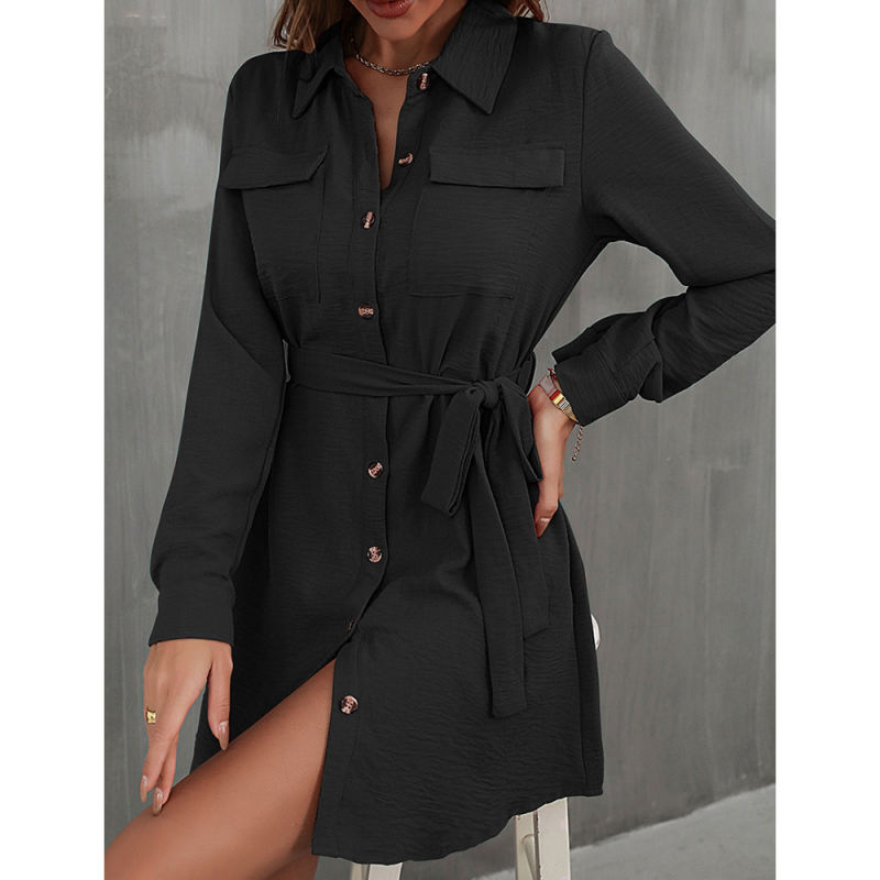 Black Button Down Tie Waist Pocket Shirt Dress