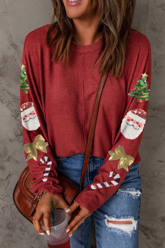 Fiery Red Sequined Christmas Favor Sleeve Casual Pullover