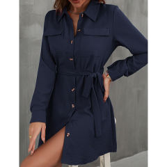 Navy Blue Button Down Tie Waist Pocket Shirt Dress