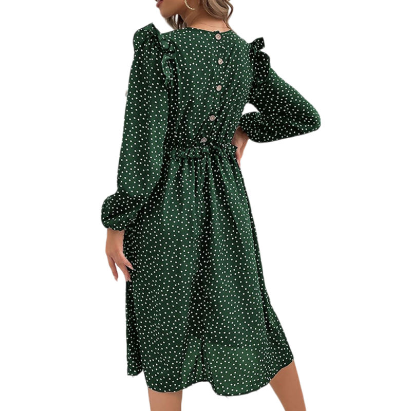 Green Polkd Dot Ruffle Hem Long Sleeve Dress