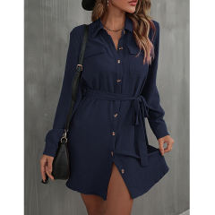 Navy Blue Button Down Tie Waist Pocket Shirt Dress