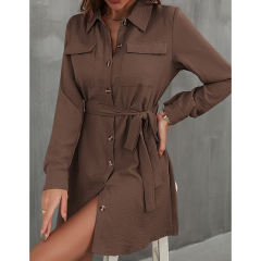 Coffee Button Down Tie Waist Pocket Shirt Dress