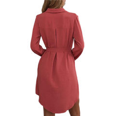 Red Button Down Tie Waist Pocket Shirt Dress