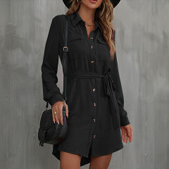 Black Button Down Tie Waist Pocket Shirt Dress