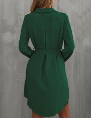 Dark Green Button Down Tie Waist Pocket Shirt Dress