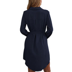Navy Blue Button Down Tie Waist Pocket Shirt Dress