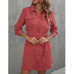 Red Button Down Tie Waist Pocket Shirt Dress