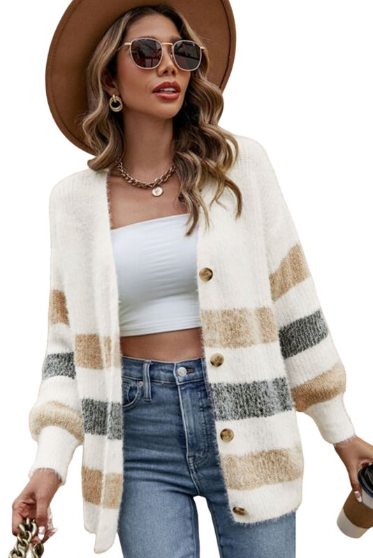 Multicolor Striped Print Fuzzy Cardigan