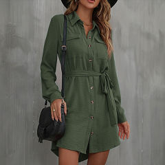 Green Button Down Tie Waist Pocket Shirt Dress