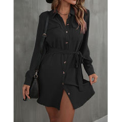Black Button Down Tie Waist Pocket Shirt Dress