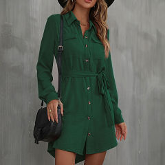 Dark Green Button Down Tie Waist Pocket Shirt Dress